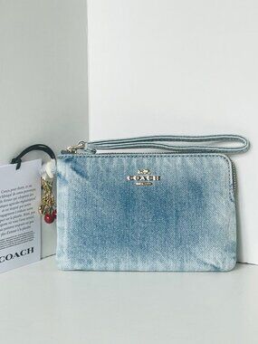 Coach Corner Zip Wristlet Blue Denim Cherry Charms Small Pouch CEF82